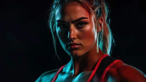 Sporty woman in intense colored lighting stares forward
