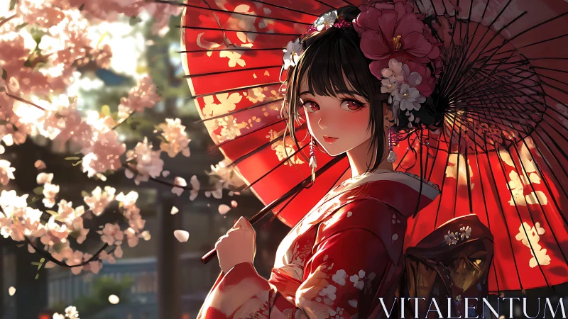 Anime kimono portrait with parasol under luminous sakura canopy.