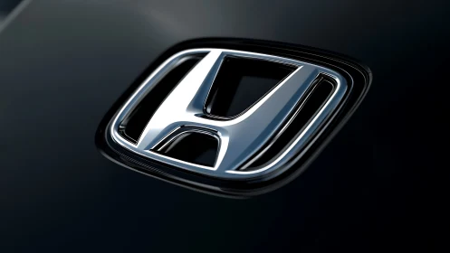 Chrome automotive emblem on dark reflective vehicle surface.