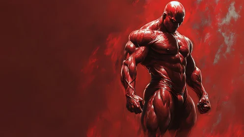 Crimson titan emerging from abstract flames of fury.