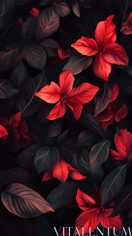 Red Flowers Against Dark Foliage: Digital botanical study.