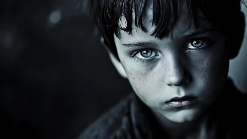 Monochrome close-up portrait isolates child&rsquo;s detailed face