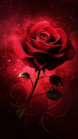 Crimson Rose with Luminous Particle Effects and Orbital Design Elements