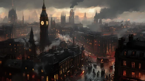 Industrial-era cityscape with clock tower under heavy smoke.