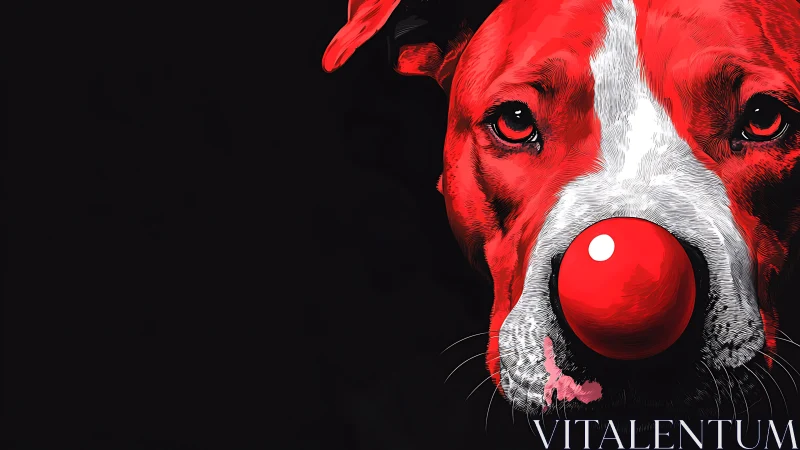 Red clown-nosed dog portrait contrasts against deep black