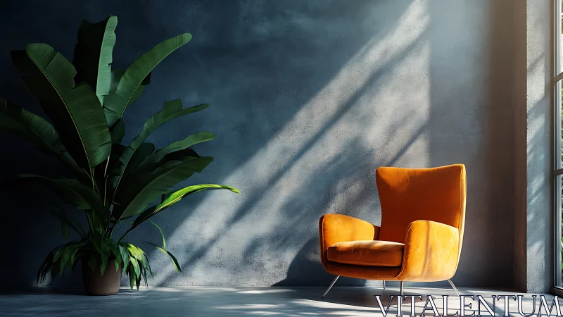 Sunlit velvet lounge chair contrasts with textured concrete wall