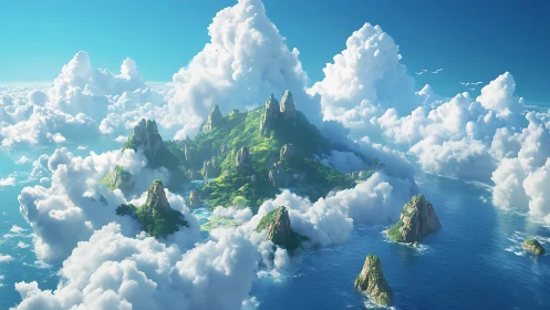 Aerial Island Archipelago with Cumulus Cloud Formation and Turquoise Ocean.