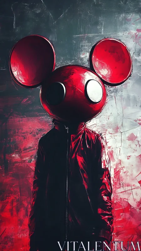 Red mouse-headed figure in glossy jacket against grunge wall.