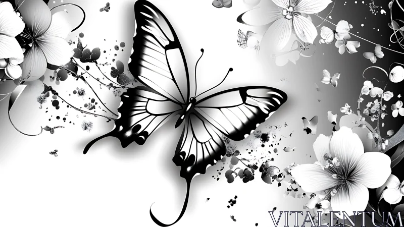 Graceful monochrome butterfly drifts among soft florals