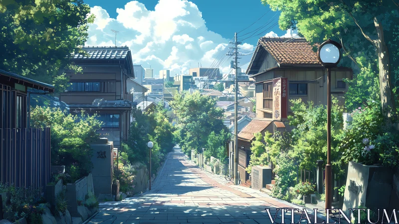 Residential sloping street shows urban houses and dense foliage