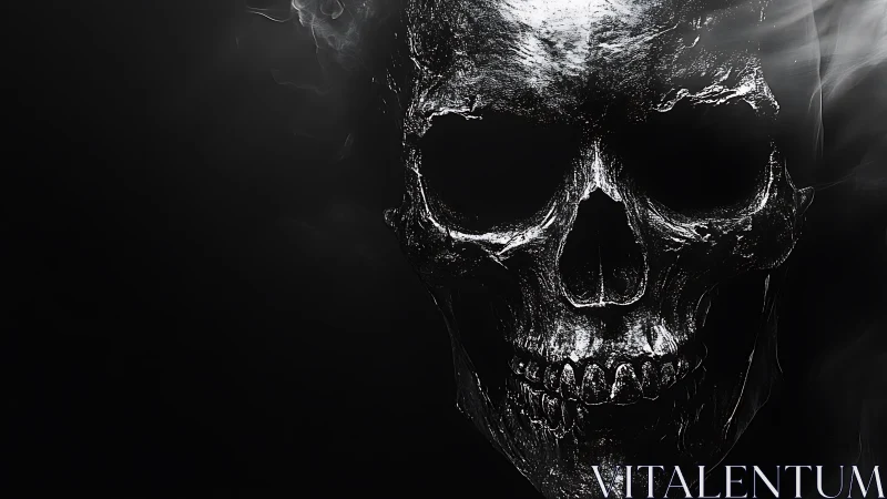 Specular black skull rendered in high-contrast digital chiaroscuro.