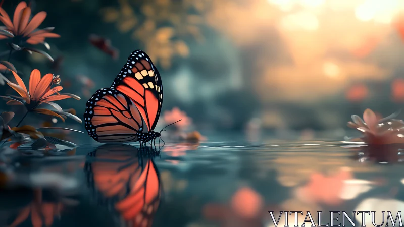 Monarch butterfly rests on reflective water at sunset.