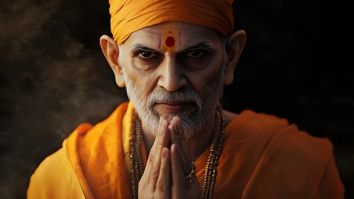 Photorealistic portrait of Hindu monk in orange robes, praying