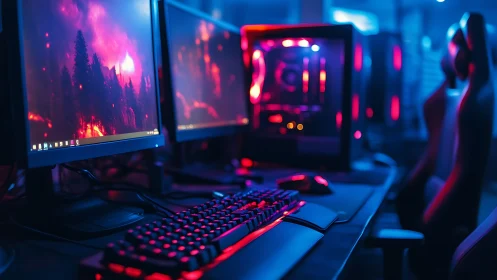 Neon-drenched gaming battlestations glowing in midnight calm.