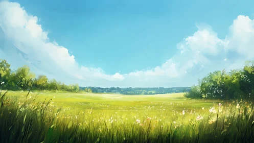 Atmospheric perspective study of sunlit meadow under cumulus sky.