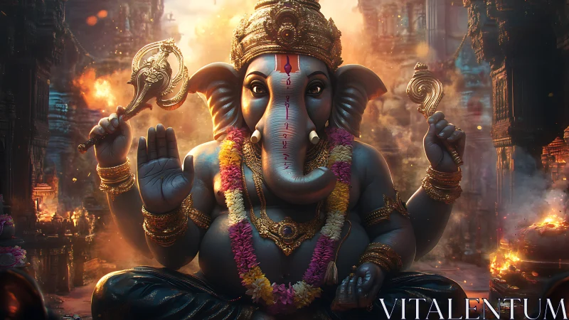 Radiant Ganesha throne in emberswept temple sanctuary.