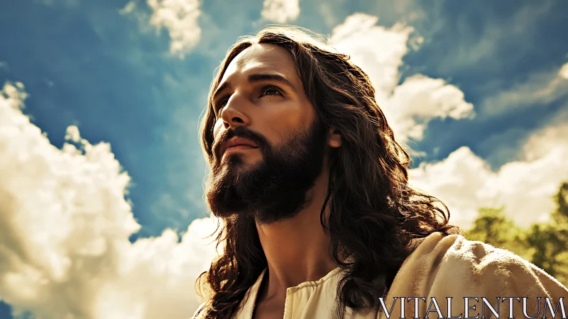 Bearded robed man gazes upward under dramatic clouded sky