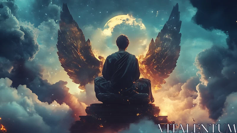 Moonlit winged guardian resting in a dream-bright sky.