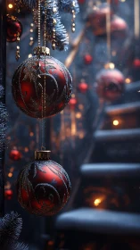 Crimson glass ornaments glow against snowy staircase bokeh.