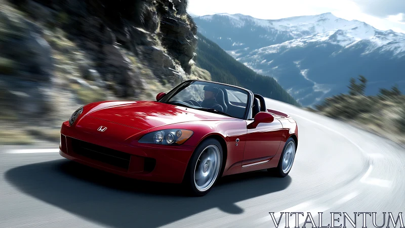 Red convertible sports car on curved alpine mountain road.