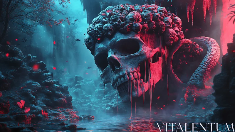 Giant skull structure with coiled serpent dominates misty gorge