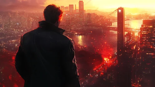 Figure in black coat overlooking dense city at sunset.