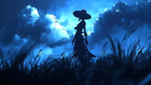 Moonlit wanderer carves a quiet path through whispering grass