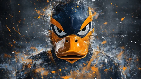 Bold duck hero stares ahead through wild splattered color