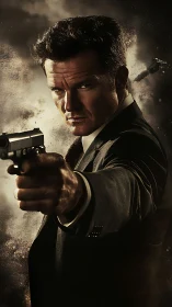Photorealistic noir assassin portrait with dynamic gun foreshortening.