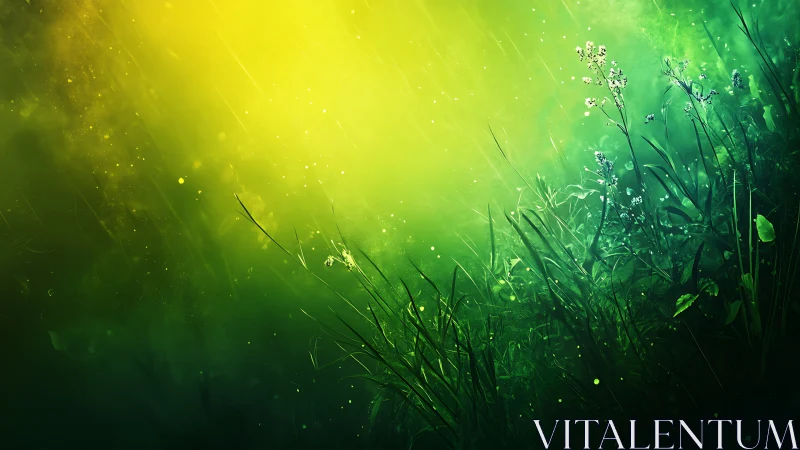 Wild meadow leans into a glowing storm of emerald light