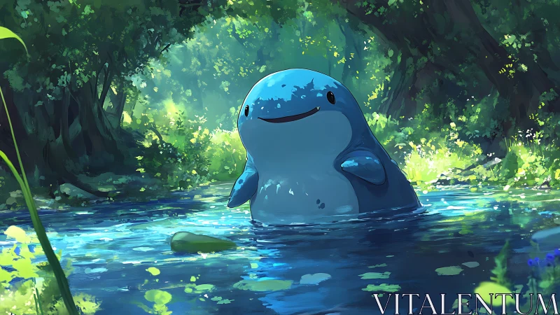 Gentle blue forest guardian basking in a sunlit woodland pond.