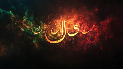 Fiery Arabic calligraphy with swirling nebula light effects.