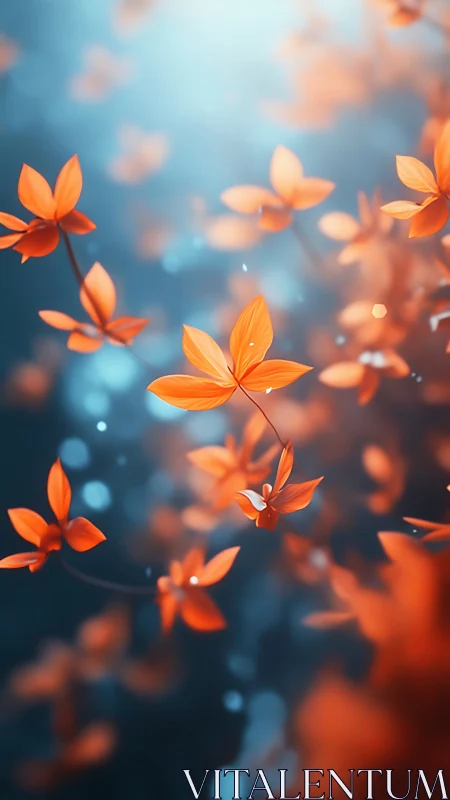 Orange floral elements against soft blue bokeh background.