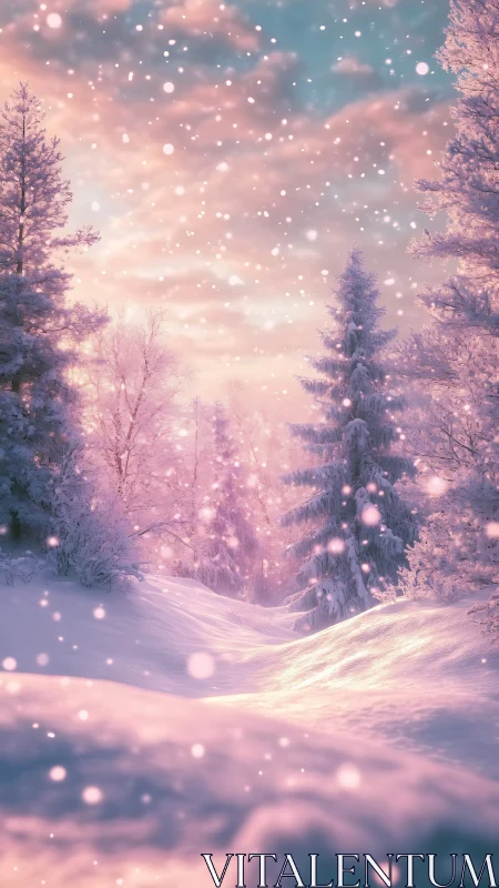 Soft winter snowfall over a dreamy pink forest path.