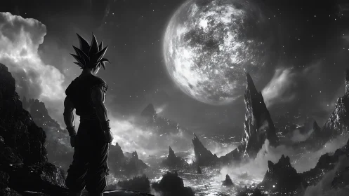 Saiyan warrior surveys monochrome alien valley under massive moon