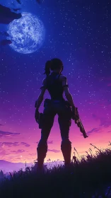 Silhouetted armed figure under large moon at twilight sky.