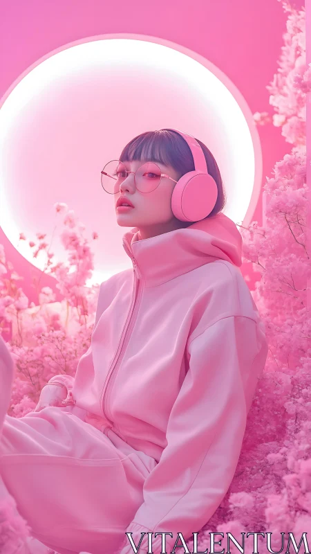 Neon pink portrait of headphone listener in floral glow.
