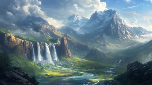 Vast fantasy mountain range with waterfalls and valley.