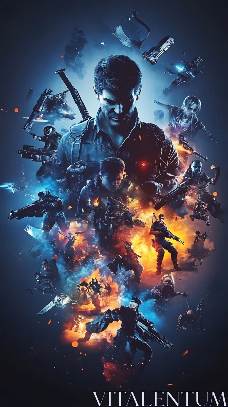 Explosive sci fi hero stands amid blazing futuristic battle