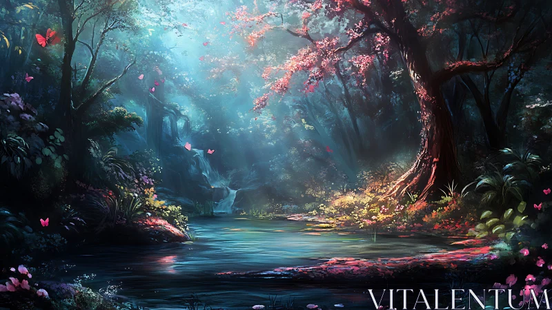 Enchanted Forest River. Mystical woodland with glowing flora and water.