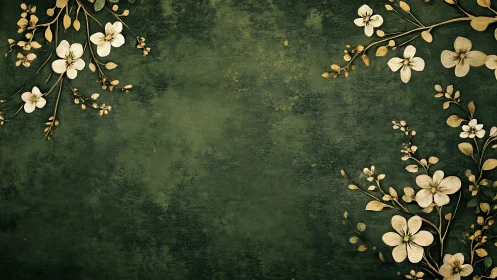 Golden blossoms frame on textured deep green background.