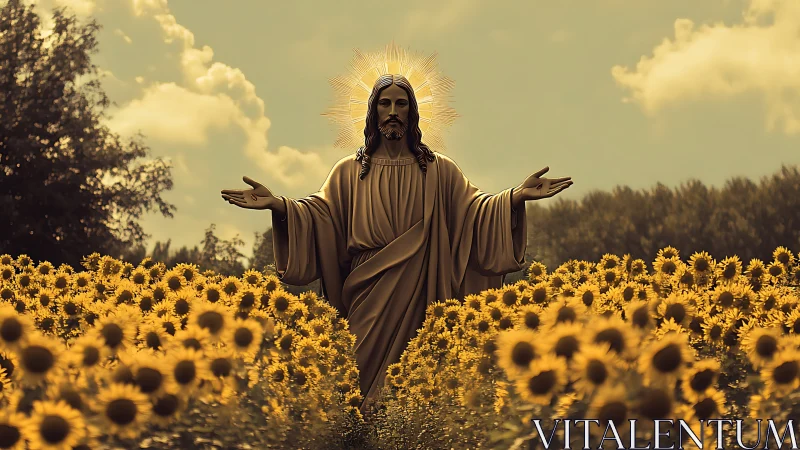 Sunlit savior rises gently from a choir of sunflowers