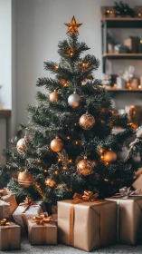 Golden-lit Christmas tree with wrapped gifts beneath it.