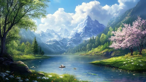 Bright mountain lake with snowy peaks and spring trees.