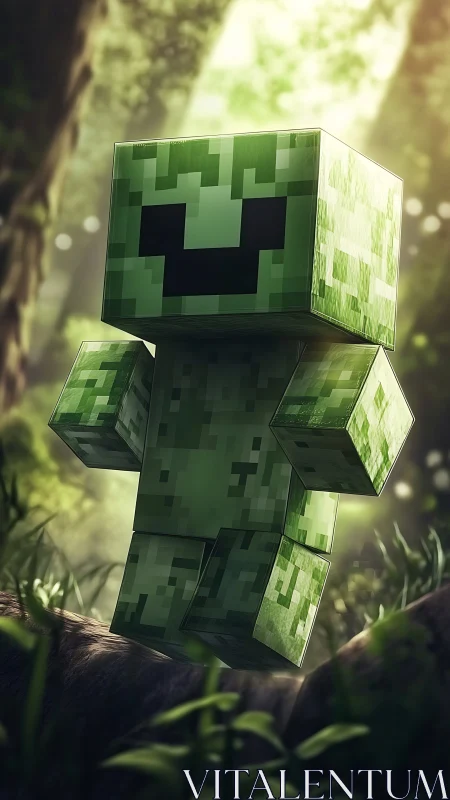 Voxel creeper character rendered with high depth-of-field bokeh lighting