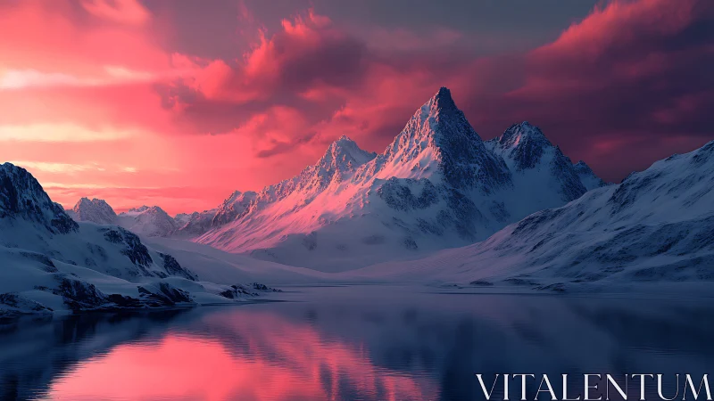 Crimson twilight bathes icy mountains in mirrored stillness