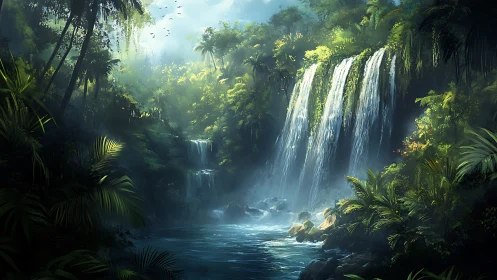 Sunlit jungle waterfall cascades into misty emerald pool