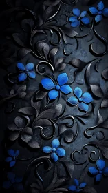 Embossed Metallic Relief with Chromatic Blue Floral Accents
