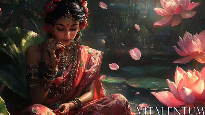 Serene woman in lotus garden reflects in warm painted light
