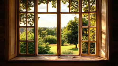 Sunlit country landscape framed by a wooden window.